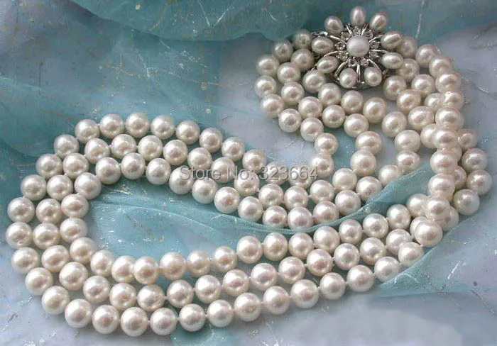 3 ряда 10 мм белый круглый FW культивированный жемчуг Ожерелье|pearl necklace|cultured pearl