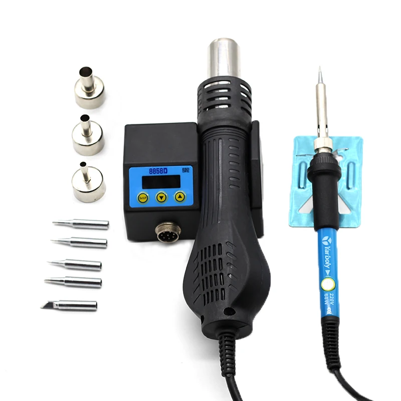 

220V Soldering Station 8858D 2 in 1 SMD Rework Station Hot Air Blower Heat Gun Hot Air Gun Temperature Adjustable Soldering Iron
