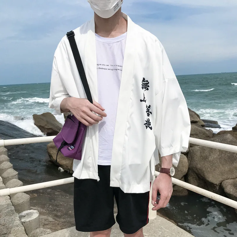 Солнцезащитная Японская уличная одежда кимоно куртка кардиган пальто для мужчин черный белый свободная ветровка тонкая хип-хоп куртка Мужская Ретро