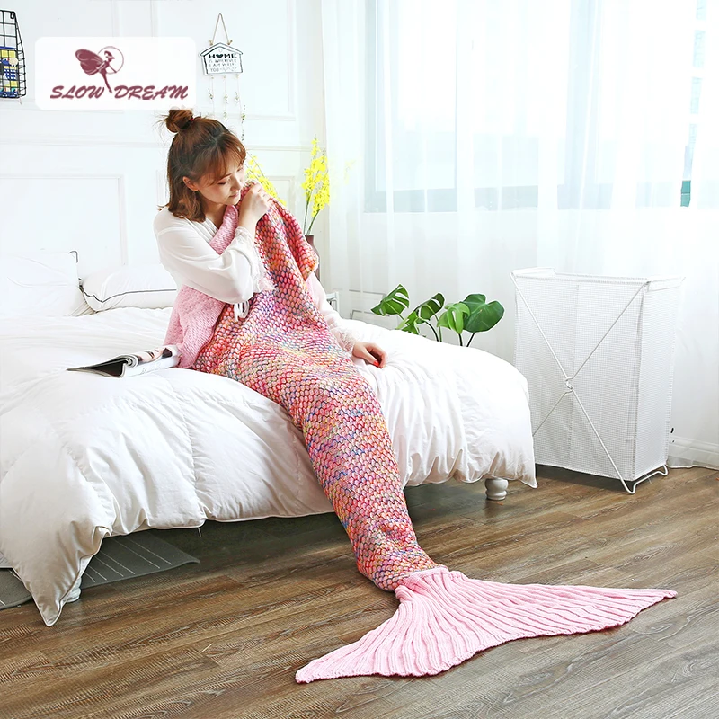 

Slowdream Pink Color Mermaid Tail Blanket All Season Knitted Handmade Blanket Birthday Gift Throw Blanket Crochet Wrap Adult Kid