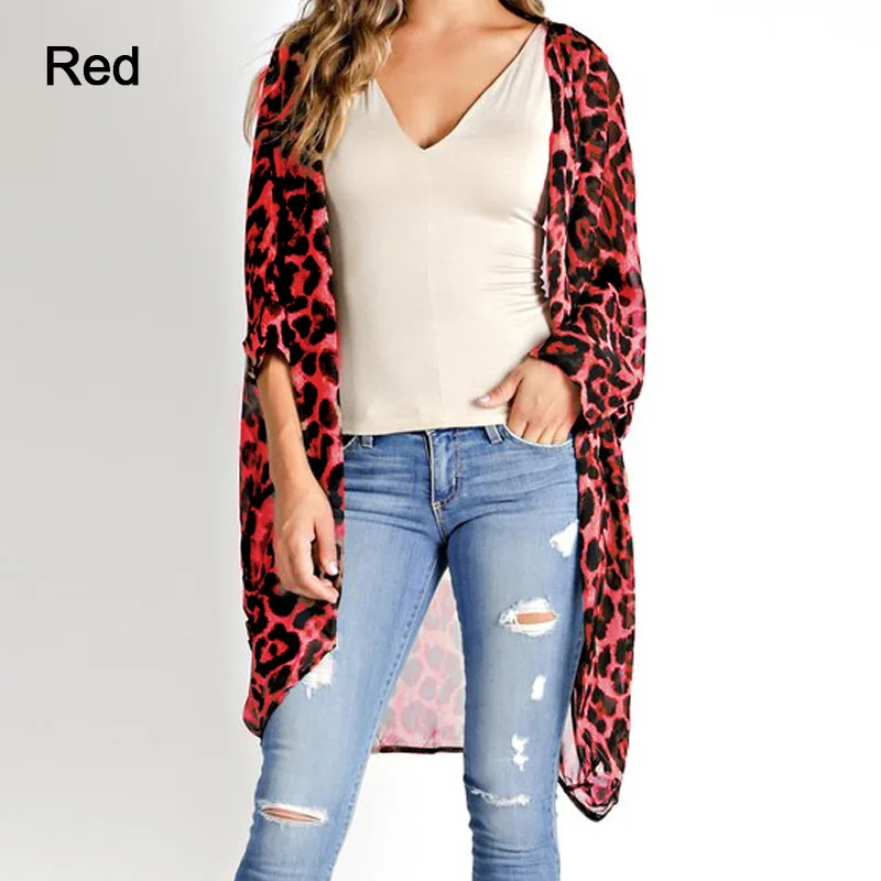 Винтажный женский кардиган-кимоно, лето размера плюс, свободные топы с леопардовым принтом, Повседневная блуза, Пляжная накидка - Цвет: Красный
