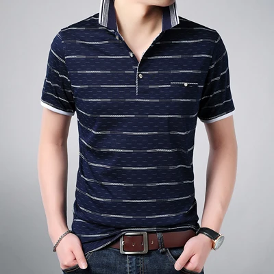MIACAWOR, новинка, летние мужские рубашки поло, модные, в полоску, Camisas, дышащие, с коротким рукавом, Homme, повседневная мужская одежда, T702 - Цвет: dark blue