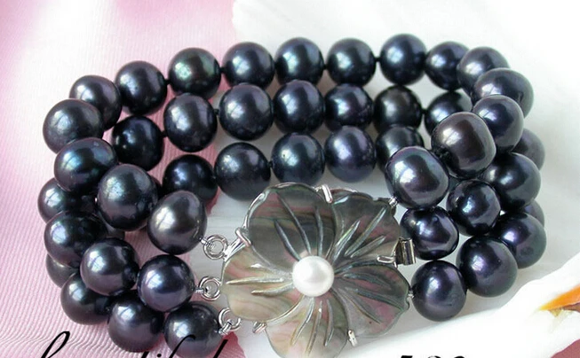

hot sell 3strands 11mm round Tahitian black freshwater pearl bracelet shell -Bridal jewelry free shipping