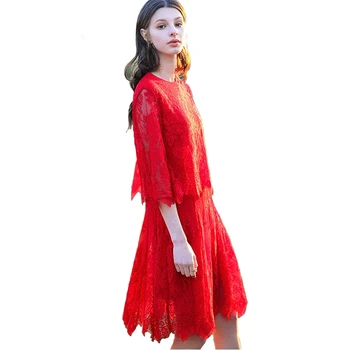 

New High quality Lace Dress Women 2019 Spring Summer Fake two pieces A-line Dresses Female Slim High waist Elegant Dresses A2559
