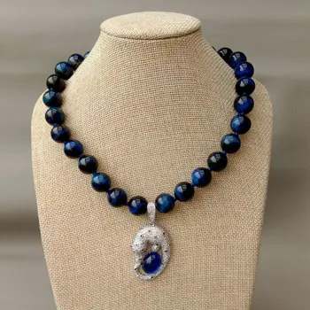 

18" Round Blue Tiger Eye Necklace CZ Pendant