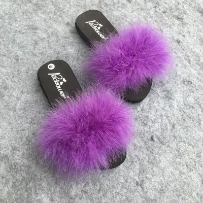 Coolsa/летние женские шлепанцы со страусиными перьями; шлепанцы с пушистым искусственным мехом; Домашние вьетнамки на плоской подошве; разноцветная пикантная обувь для вечеринок - Цвет: Dark purple