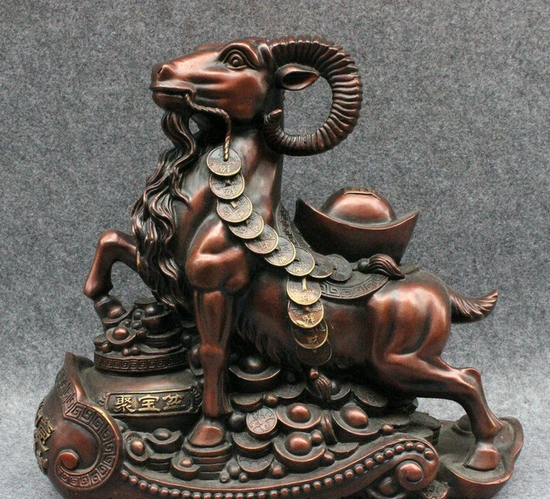 

15" Folk Chinese Pure Bronze Year Zodiac Sheep Goat On RuYi Treasure Bowl Statue