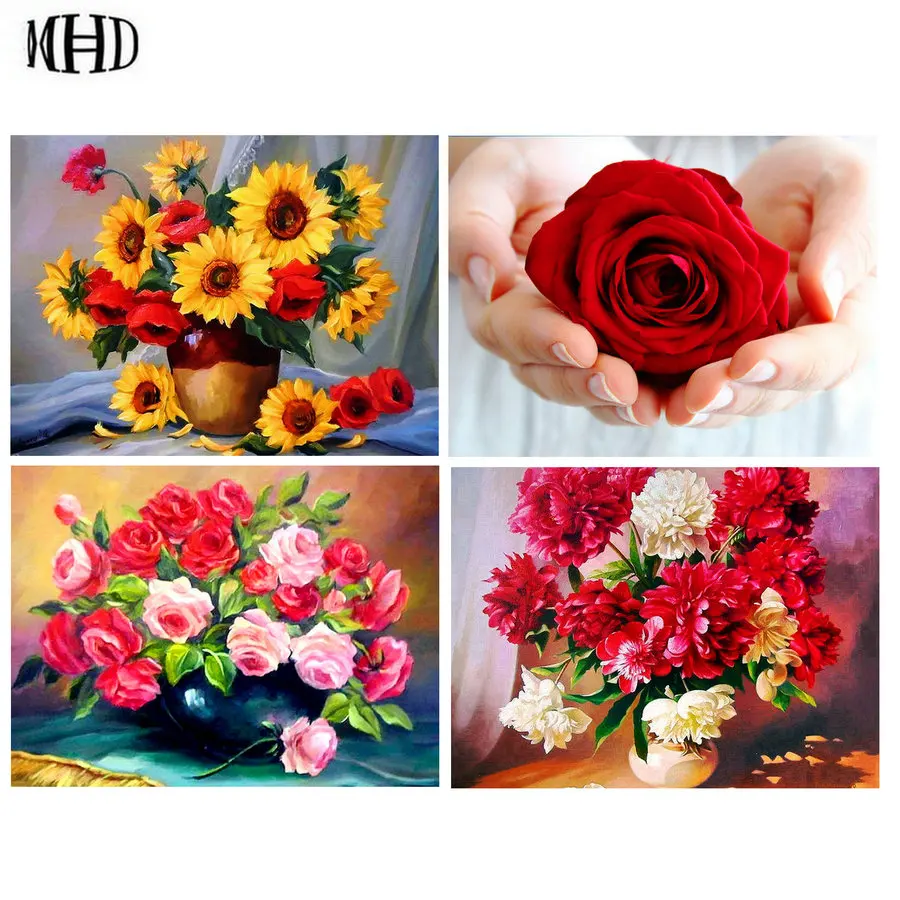 

Full Round 5D Diy Diamond Painted Flo wer Pot Flower Diamond Cross Stitch Rose Diamond Embroidery Decorative Flower Kit MHD