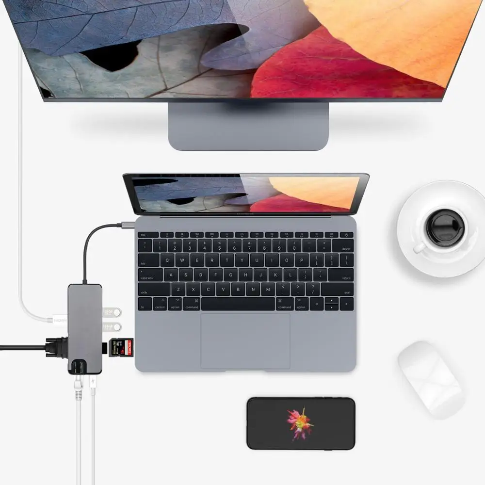 8 en 1 USB C a HDMI Hub 4 K Video RJ45 Gigabit Ethernet adaptador VGA USB-C Centro SD TF lector de tarjetas para Macbook Pro Huawei MateBook - 5