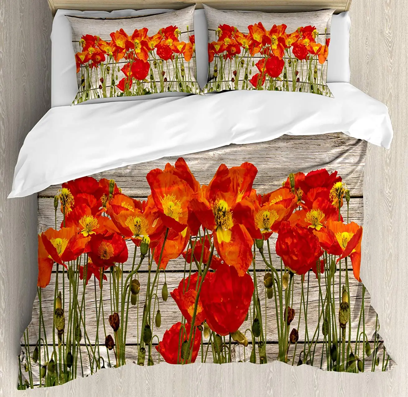 

Rustic Duvet Cover Set Close Line of Poppy Petals Field Meadow Summer Holiday Sun Plant Floral Theme 3 Piece Bedding Set