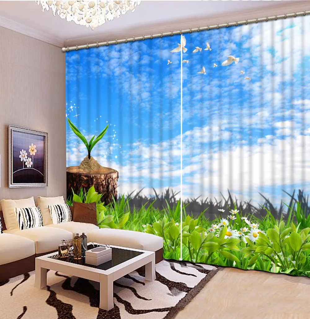 2019 curtains customize living room bedroom 3d stereoscopic Blue sky white clouds green grass blackout | Дом и сад