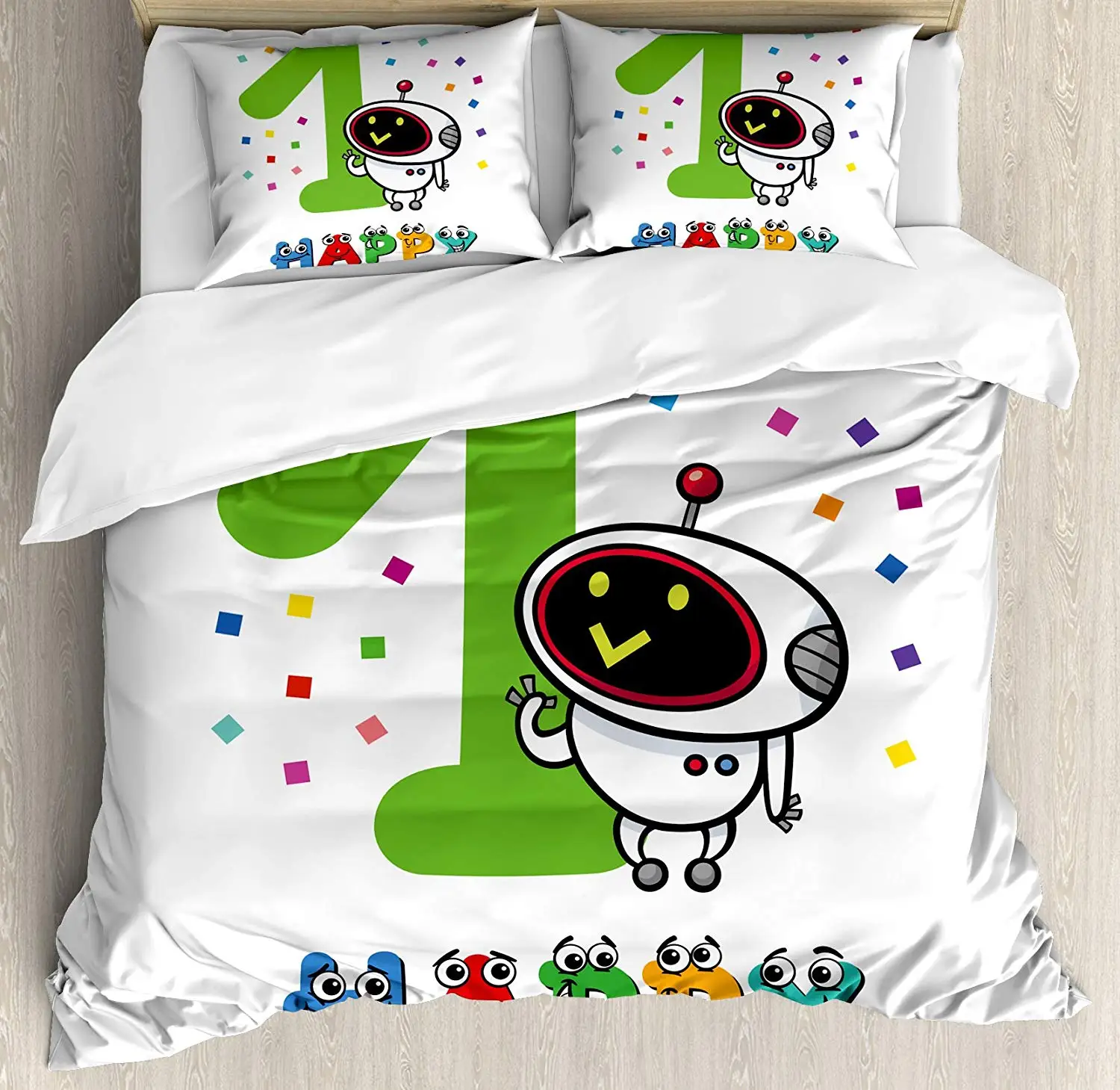 

Duvet Cover Set, Happy Emoji Faced Cartoon Quote with Robot on Colorful Backdrop, 4 Piece Bedding Set