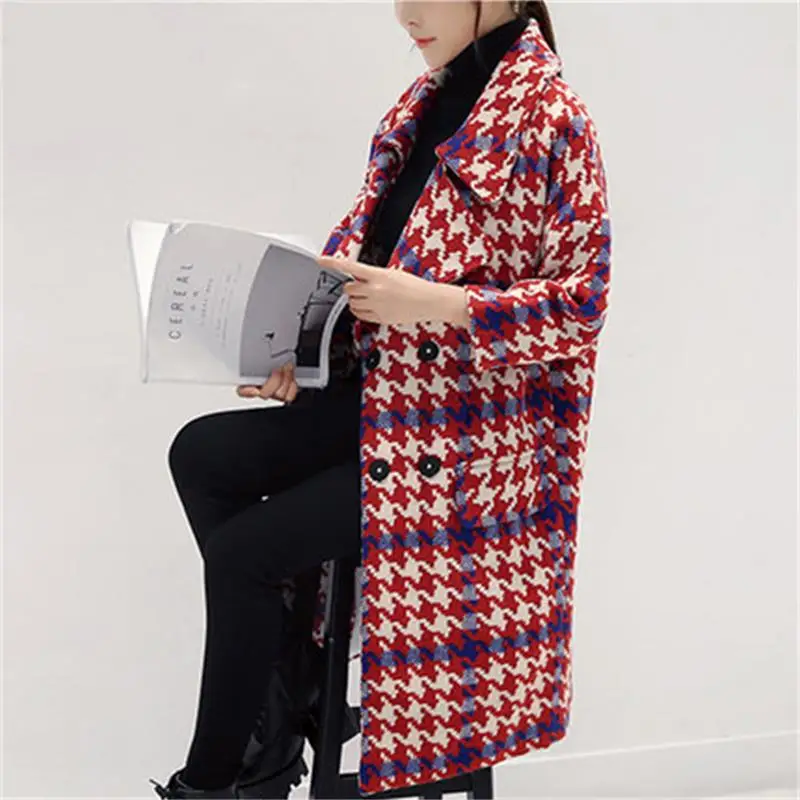 

The New Winter Jacket Warm Cashmere Plaid Padded Woolen Coat Women Wool Blend Coat Fashion Long Trench Female Outerwear T808