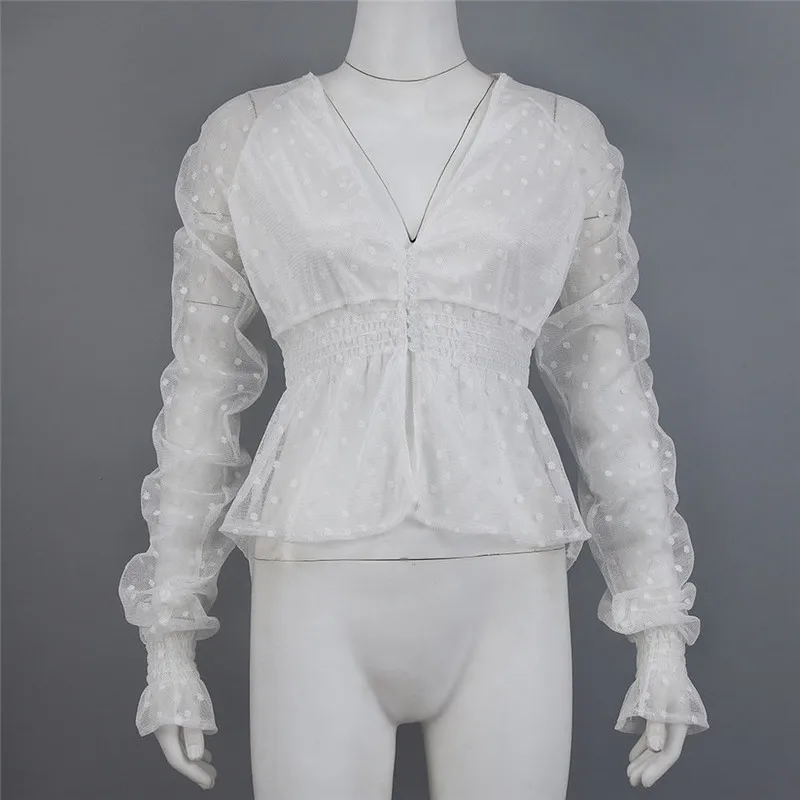 Сексуальная Женская футболка с длинным рукавом, женские топы, летняя перспективная Сетчатая футболка в горошек, элегантная женская белая футболка с v-образным вырезом