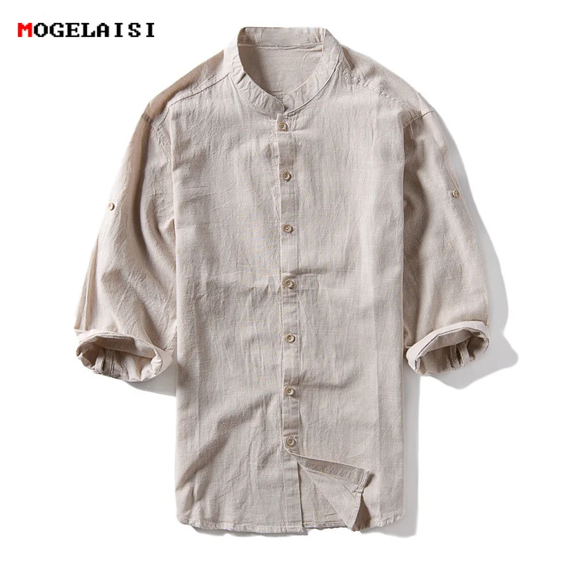 Three Quarter Men Shirts Linen Cotton Solid Stand Collar Flax 3XL Shirt