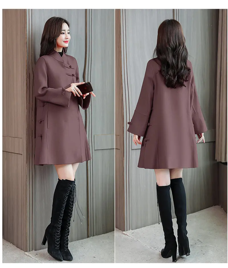 Шерстяное пальто для женщин осень зима длинный раздел ретро Пряжка китайский стиль женский плащ шерстяное пальто размера плюс LQ365