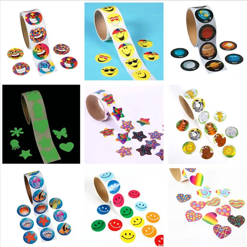 

100pcs/roll Smiling Face Emoji Reward Stickers Roll Scrapbooking Cartoon Characters Toys For Kids Sticker