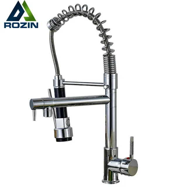 Cheap Chrome Spring Pull Down Kitchen Faucet Dual Spouts 360 Swivel Handheld Shower Kitchen Mixer Crane Hot  Cold 2 Outlet Spring Taps