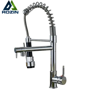 Polished Chrome Spring Pull Down Kitchen Faucet with Two Spouts Handheld Shower Kitchen Mixer Tap Deck Mounted