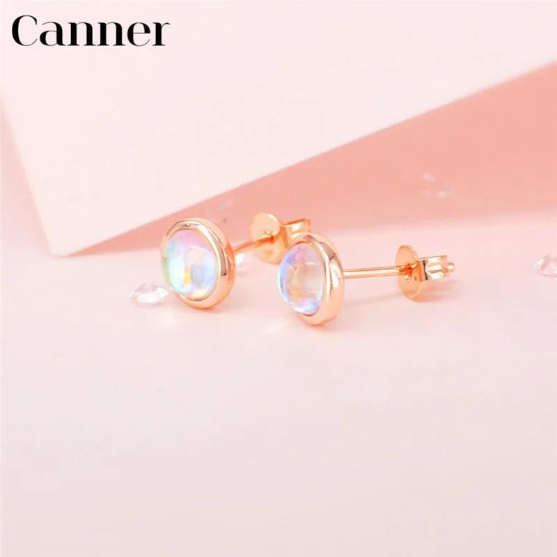 

Canner Small Round Moonstone Stud Earrings For Women Wedding Engagement Jewelry Rainbow Stone Rose Gold Earrings pendientes