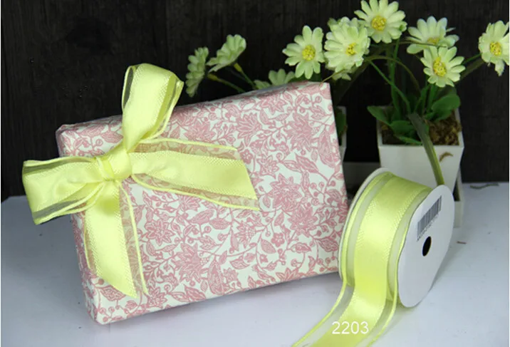 38MM X 25yards Lemon Yellow Wired Satin Ribbon with Transparent Organza Edges for Gift Box Wrapping N2203