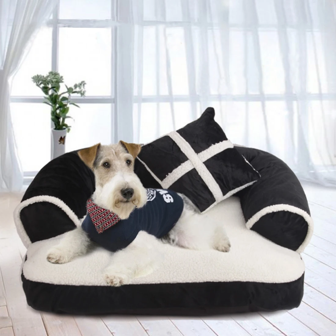 Carrywon Pet Sofa Warm Soft Velvet Large Dog Bed With Pillow Puppy