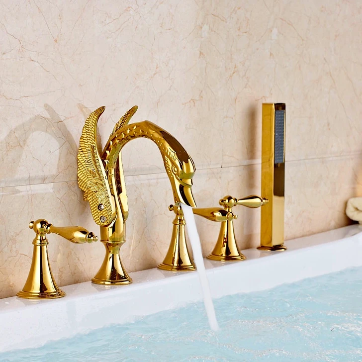 

Elegant Gold Finish Bathroom Tub Faucet Deck Mounted 5pcs Swivel Spout W/Hand
