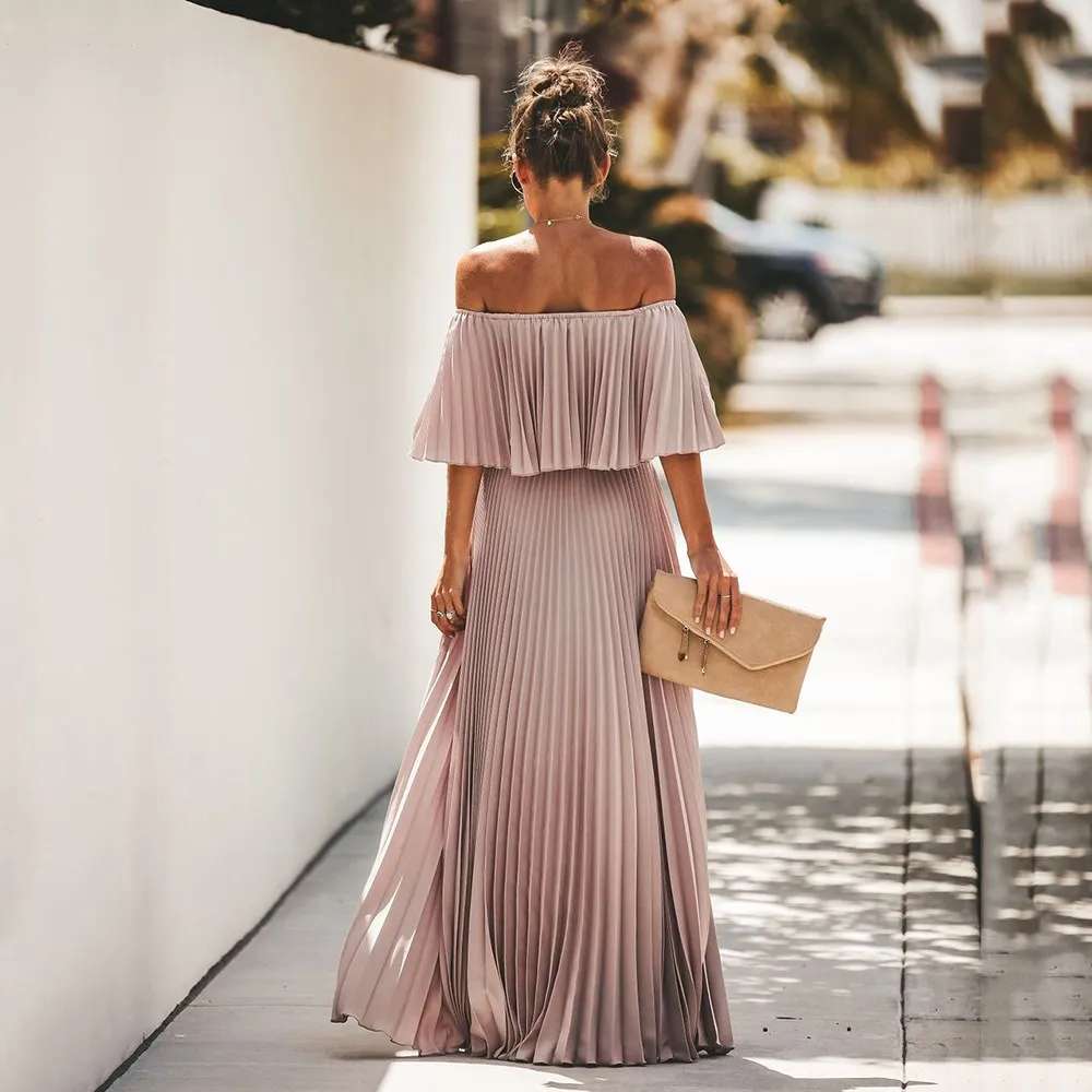 Женское пляжное платье Boho длинное плиссированное макси с открытыми плечами