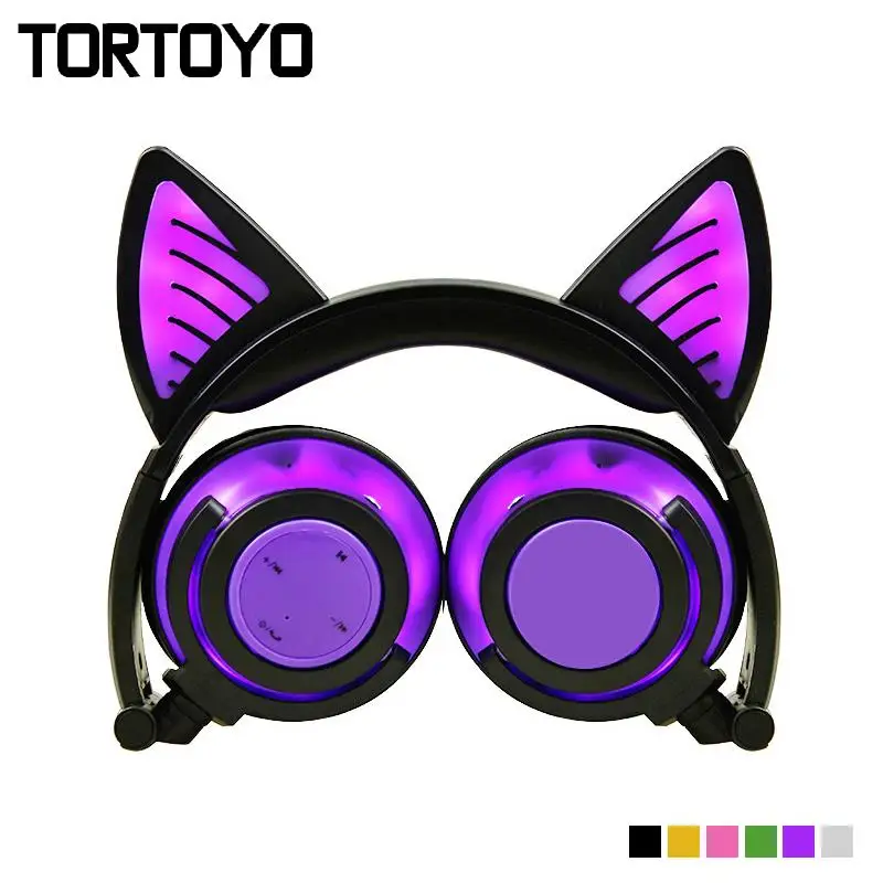 

TORTOYO Foldable Stereo Cartoon Cute Cat Ear Headset LED Light Flashing Wireless Bluetooth Headphone for iPhone 6 7 7S 8 Plus X