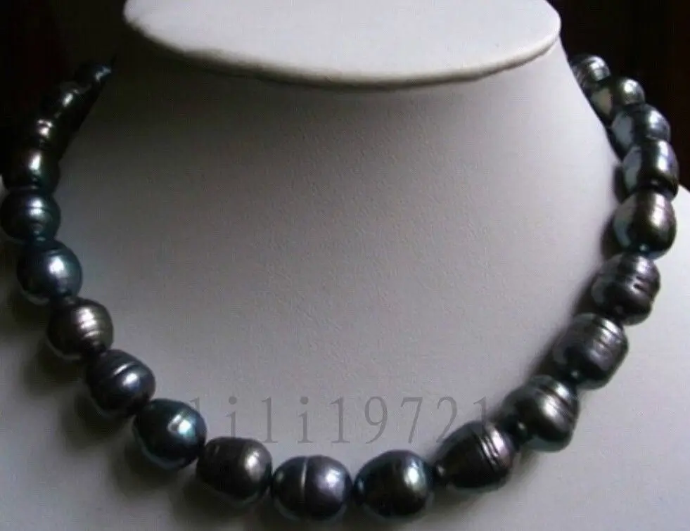 

Free shipping@@@@@ 9X11MM BLACK Freshwater Baroque RICE PEARL NECKLACE 18