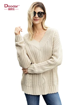 

Deodar 2018 Autumn-Spring Fashion Women Sexy V-neck Knit candy color Sweater Outerwear Pullover Tops Knitted Cashmere Sweater