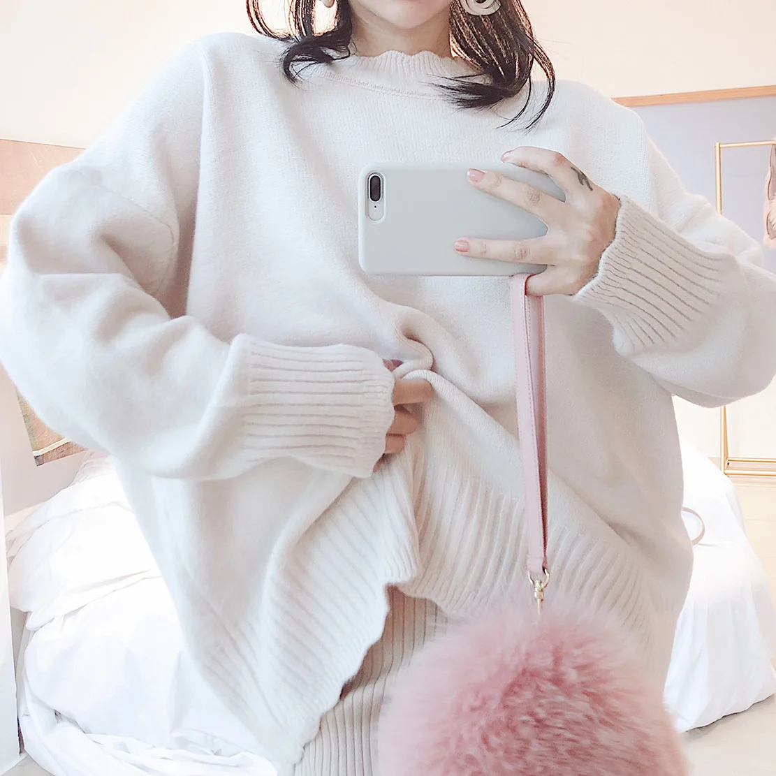 

2018 Autumn And Winter New stylish Korean Rabbit's Hair Blending Lace Thickening 0.68kg Sweater for women fm9028