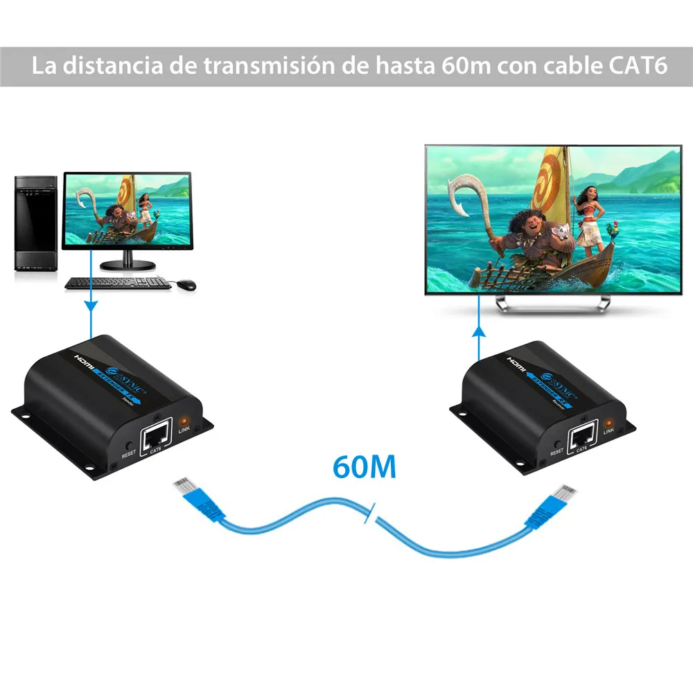 Esynic HDMI Extender signal to 60m RJ45 Transmitter TX/RX HDMI Repeater booster Receiver Over for C