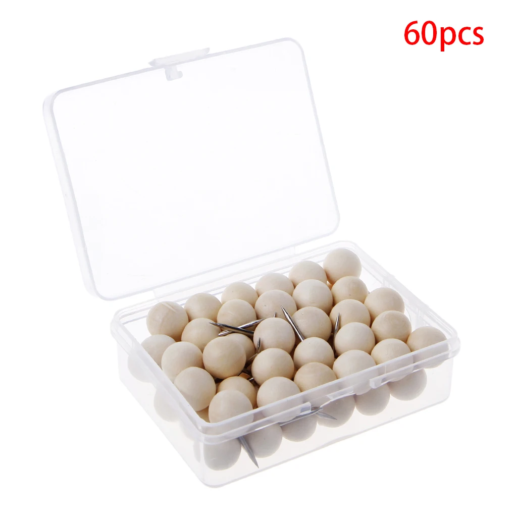 60 Pcs Round Wooden Thumbtack Creative Decorative Drawing Push Pins Wood Head