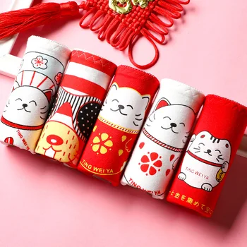 

SP&CITY Chinese Red Cartoon Sweet Cotton Underwear For Women Seamless Panties For Menstruation Lucky Cat Briefs Cute Lingerie