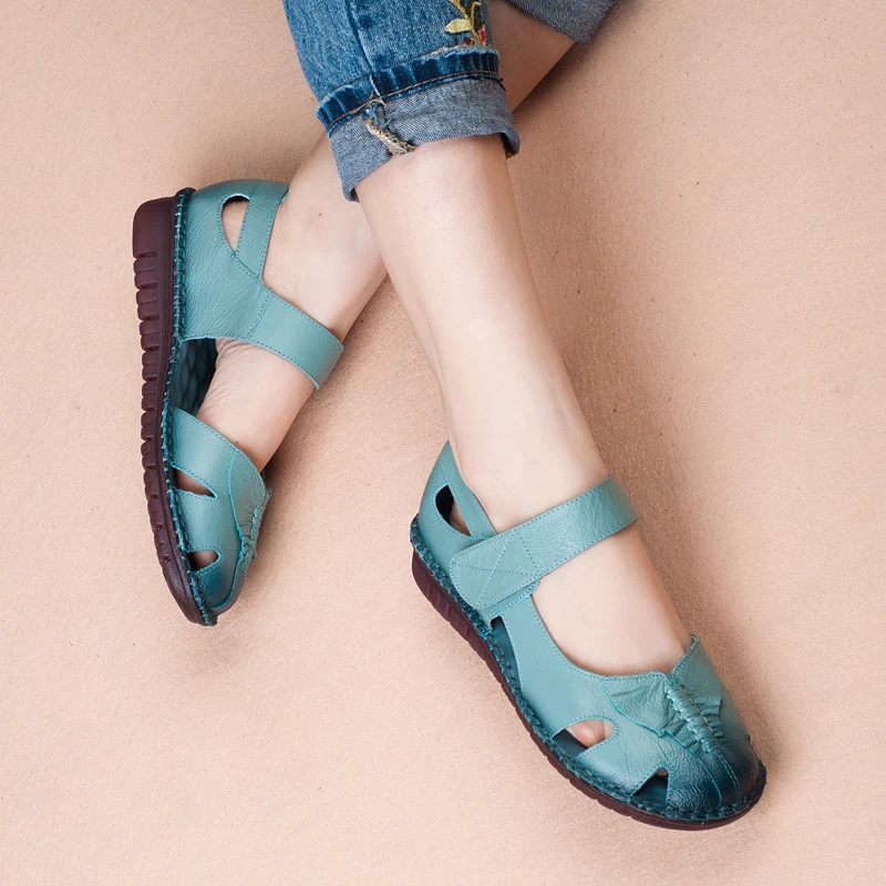 GKTINOO Women's Sandals 2019 Summer Genuine Leather Handmade Ladies Shoe Leather Sandals Women Flats Retro Style Mother Shoes