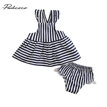 

Baby Girls Summer Backless Bow Dress Cotton Briefs Striped Top Vest+Bloomer 2PCS Clothing Set Summer Sunsuit Outfits