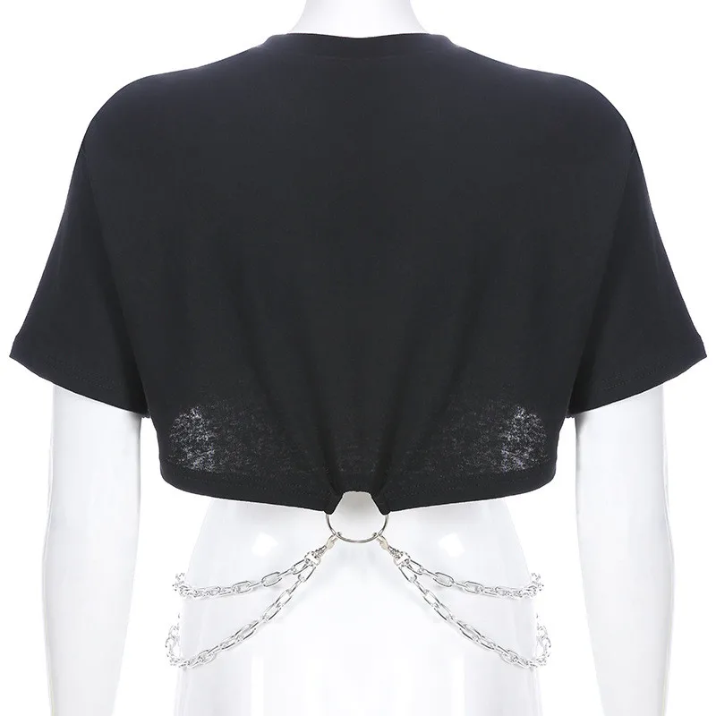 Женская футболка в стиле Харадзюку с цепью в стиле пэчворк, корейский короткий рукав, Свободный укороченный топ, летняя уличная одежда, черные топы в стиле панк, camiseta mujer