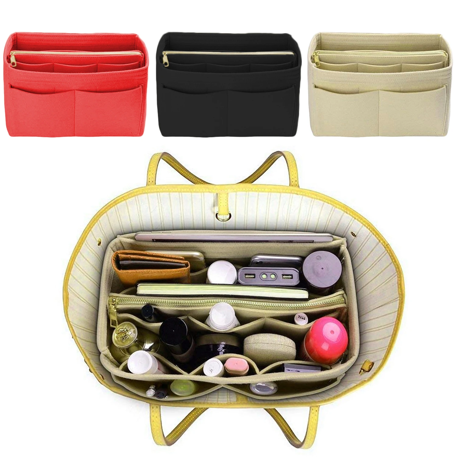 

14 Pockets purse organizer Bag Insert Organizer Bag Women Felt Travel Insert Multifunction Organizer Handbag 13.39 x 6.69 inch