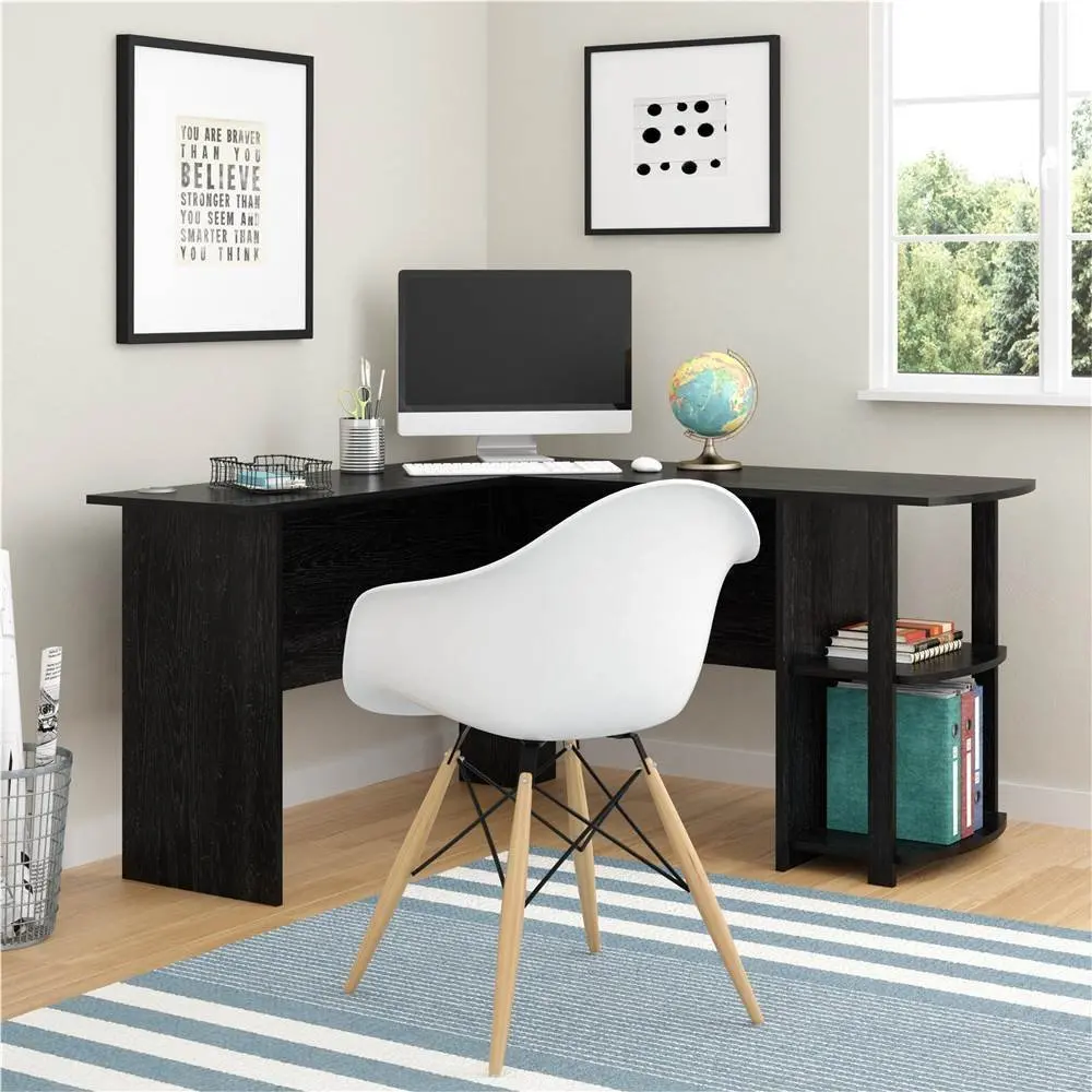 

L-Shaped Wooden Computer Desk with Two-layer Bookshelves Black Dropshipping