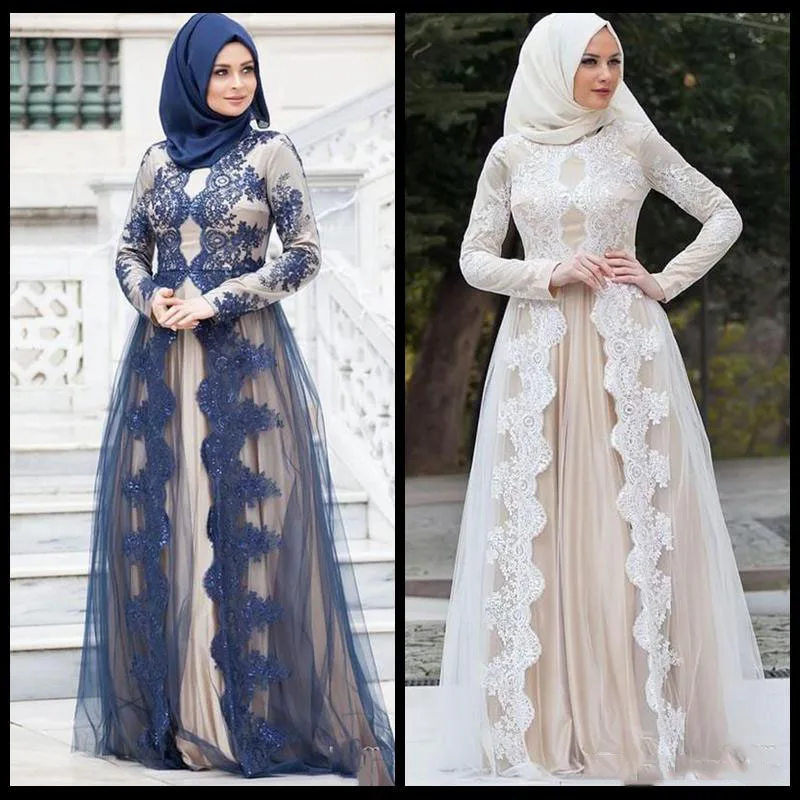 

2019 Muslim Evening Dresses Long Sleeves Lace Appliques A Line Elegant Arabic Prom Gowns