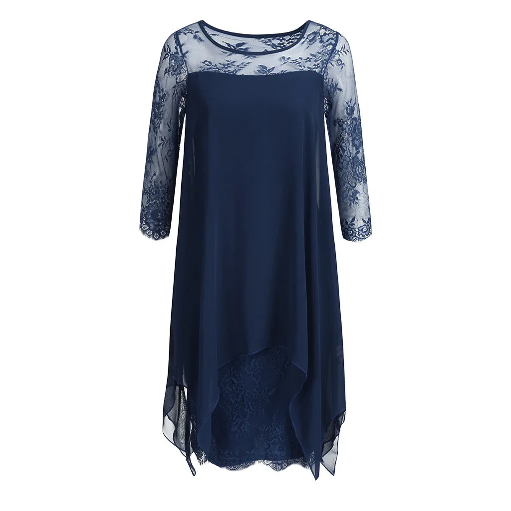 5XL плюс Размеры повседневные платья Vestidos Для женщин шифон сетка три четверти рукав кружева черный карандаш платье Элегантные платья S-5XL L3