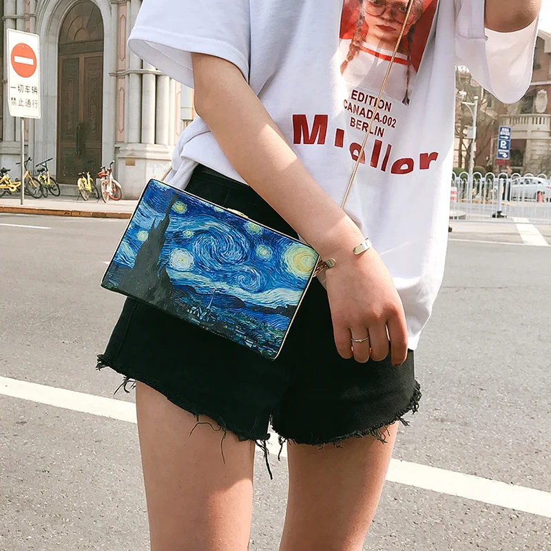 المألوف النفط اللوحة الكرتون خمر مربع نمط السيدات حزب حقيبة صغيرة حقيبة كتف حمل Crossbody البسيطة حقيبة ساعي F