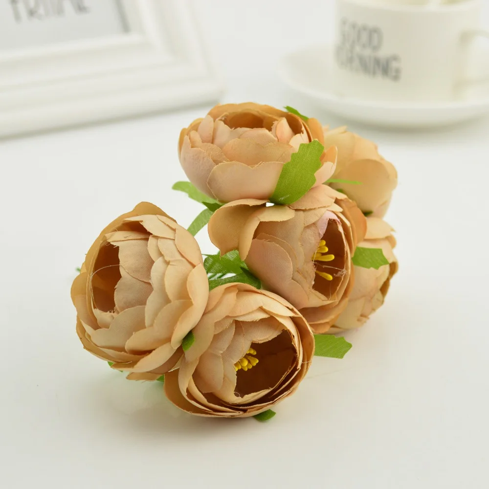 6 шт. Шелковый небольшой чайный бутон розы искусственный цветок букет тычинки для дома Свадебное Украшение diy ВЕНОК одежда шляпы аксессуары - Цвет: brown