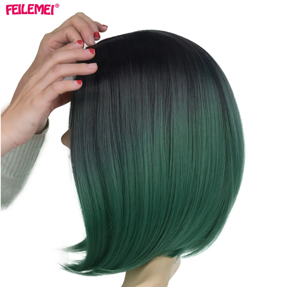 Feilimei Ombre Bobo Искусственные парики 10 дюймов 160 г синтетических черный зеленый фиолетовый серебро коричневый, серый блондинка Цветной короткие прямые Косплэй парик