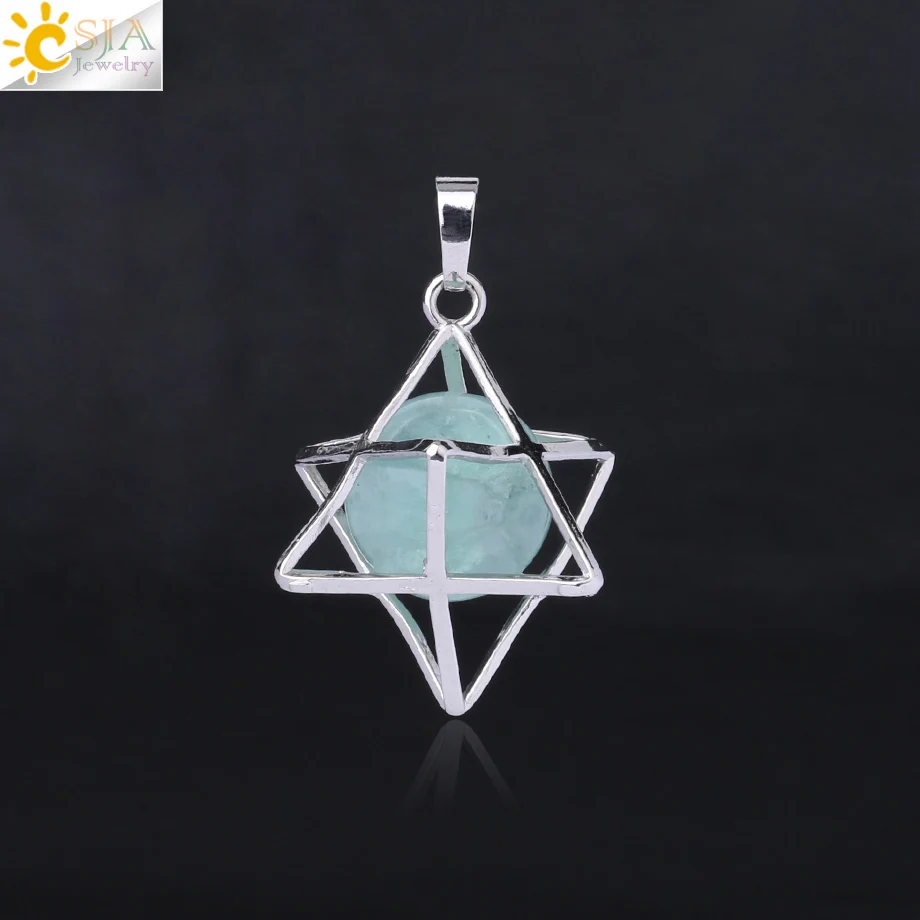 Green Fluorite CSJA Натуральный камень гексаграмма подвески, заряжающие энергией Цепочки и ожерелья Религия символ медитации рейки Меркаба кулон для Для женщин Для мужчин ювелирные изделия F876 - Окраска металла: Green Fluorite
