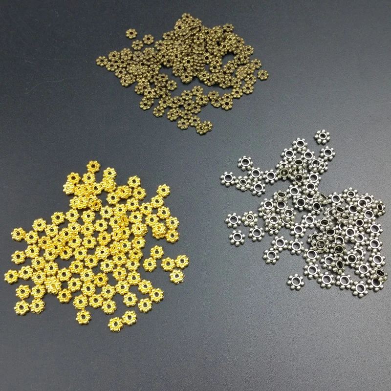 

100pcs/lot 5 6mm Antique Silver Plate Silver Daisy Metal Spacer Beads Fit Bracelet Necklace Spacer Ring Jewelry Findings