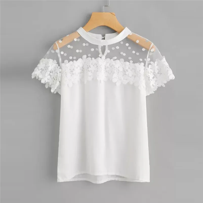 Fashion womens tops and blouses summer 2018 Short Sleeve Chiffon Lace Blouse Tops Clothes White T Shirt camicette Y16#N  (5)