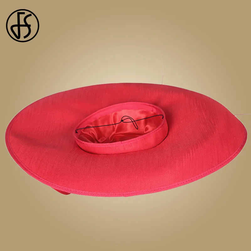 Sombreros de boda de las señoras Rojas reales de FS sombreros de las mujeres negras grandes del ala grande del sombrero de fiesta de la iglesia del Derby de Kentucky - 6