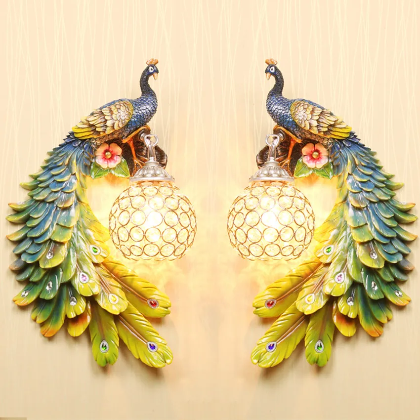 

European style crystal peacock wall lamp Nordic bedroom bedside living room background wall lamp staircase walkway entrance LED